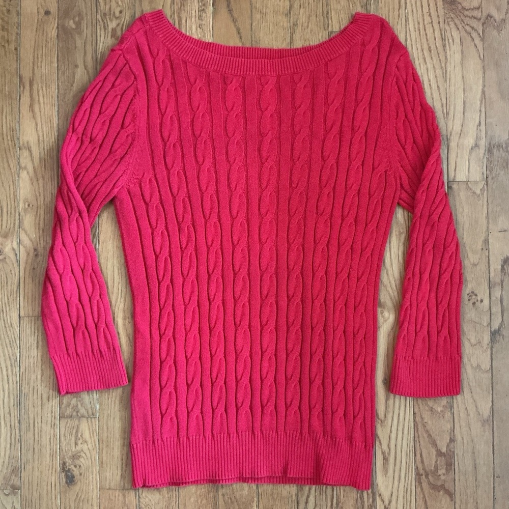 LOFT Cable Knit Sweater Dress Red Long Sleeve‎ Crew Neck Cozy Classic Preppy M